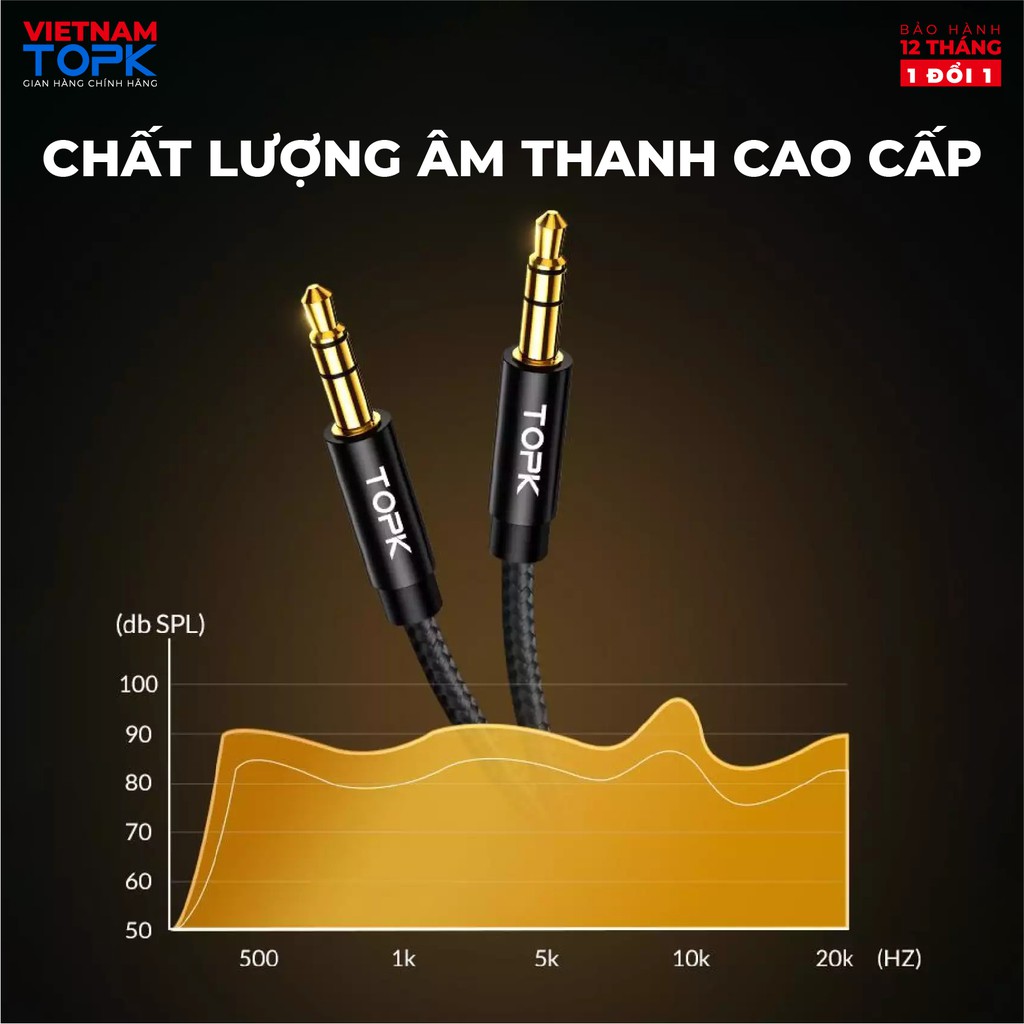 Dây Audio 3.5mm TOPK L20 2 đầu đực dạng cáp tròn mạ vàng 24K  dài 1m Hàng chính hãng - Bảo hành 12 tháng 1 đổi 1