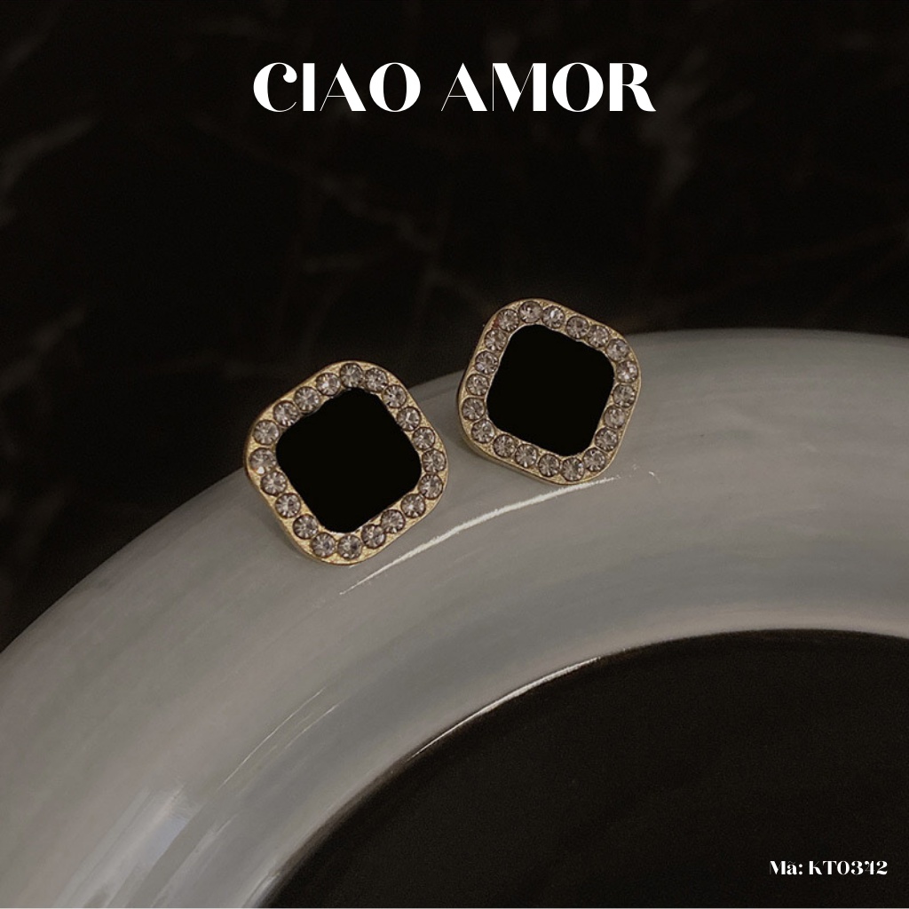 Khuyên tai nữ, Bông tai nữ nụ bạc 925 vuông bo vòng đen đính đá viền Trang sức Ciao Amor - KT0342