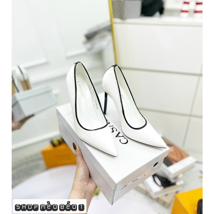 Giày cao gót casadi trắng mũi nhọn gót nhọn fullbox hàng quảng châu cao cấp