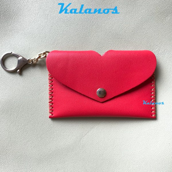 Ví nữ mini móc khóa nhỏ gọn da bò cao cấp handmade với nắp cách điệu hình trái tim độc đáo Kalanos KMKN50-Do màu đỏ