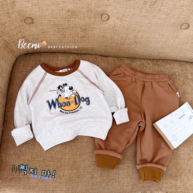 Bộ nỉ da cá dài tay in hình chú cho siêu cute cho bé trai mặc thu đông