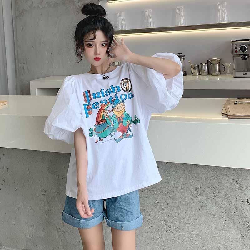 COZOK Áo Thun Tay Phồng Dáng Rộng In Họa Tiết Hoạt Hình Xinh Xắn Kiểu Hàn Quốc