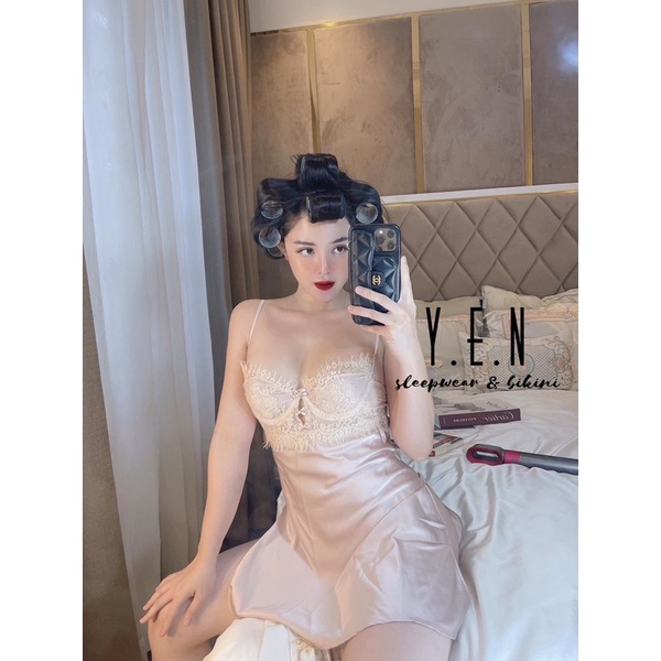 Váy ngủ lụa sexy, hai dây có gọng phối ren Q002 cao cấp QC [quyến rũ],[đầm ngủ], [xuyên thấu].