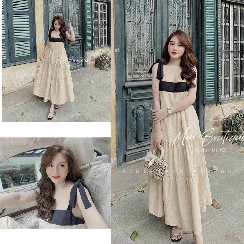 Đầm maxi nơ viền , Đầm 2 dây xoè cột nơ vai ( kèm video)