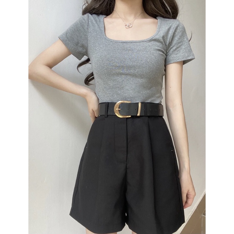 Áo thun croptop màu ghi cổ vuông tay ngắn size S dưới 48kg - THANH LÝ