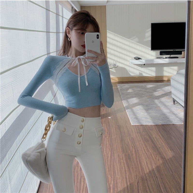 COZOK Áo Sweater Tay Dài Dáng Ôm Phối Ren Quyến Rũ Cho Nữ