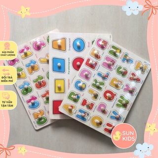 Combo 3 Bảng chữ cái, bảng số và hình học có núm gỗ cầm tay