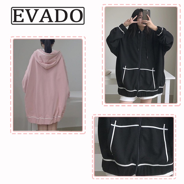 Áo khoác nữ form rộng có mũ thu đông hoodie phồng phối viền chất nỉ bomber kiểu cardigan màu đen ulzzang EVADO HD02 | BigBuy360 - bigbuy360.vn