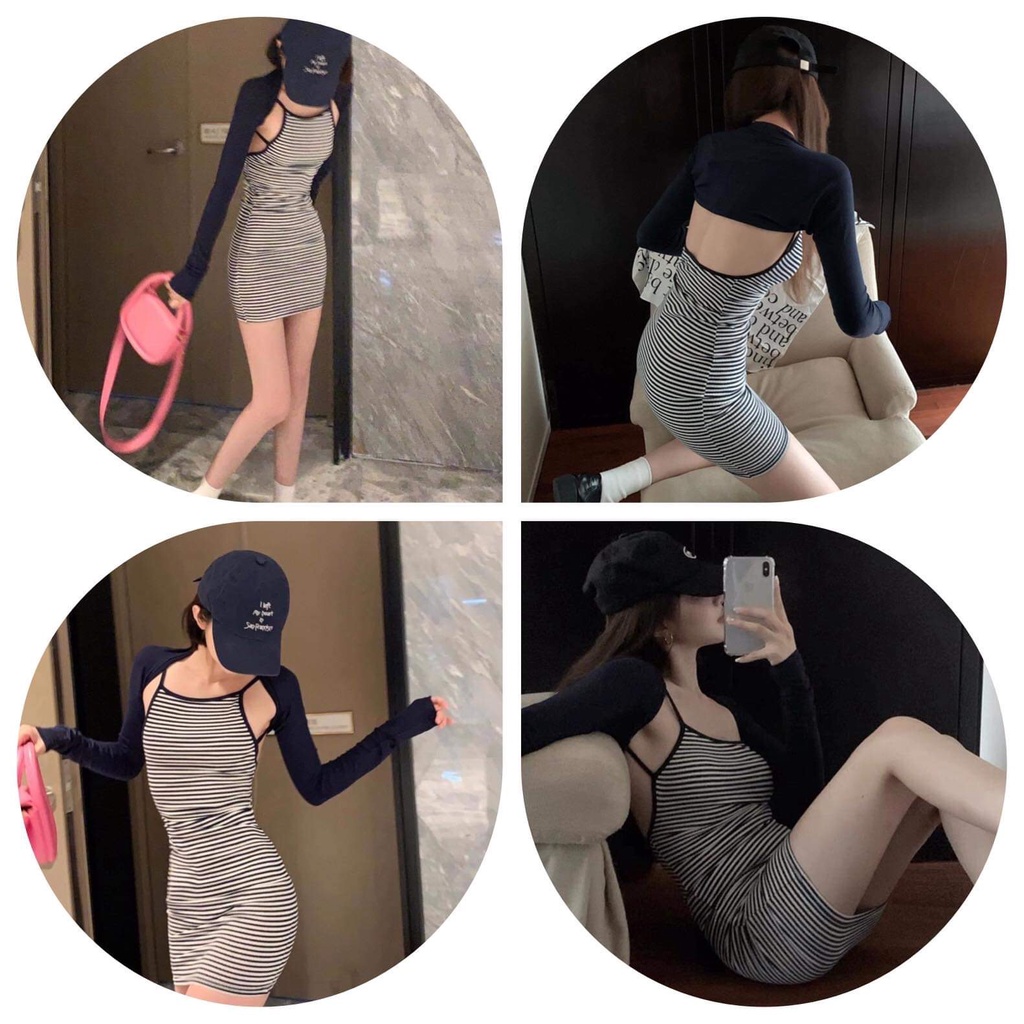 SET ĐẦM ÔM BODY SỌC NGANG KÈM ÁO KHOÁC ĐEN TAY DÀI CÓ SẴN MÚT NGỰC THUN CO GIÃN FREESIZE