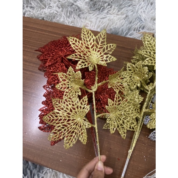 Cành lá Gấc Kim Tuyến 5 nhánh trang trí oản tháp nước Tết  ,decor siêu sang chảnh