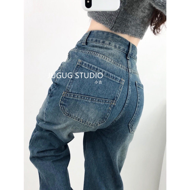 ♀❇Quần Jeans Dài Lưng Cao Ống Rộng Thời Trang Retro Cho Nữ
