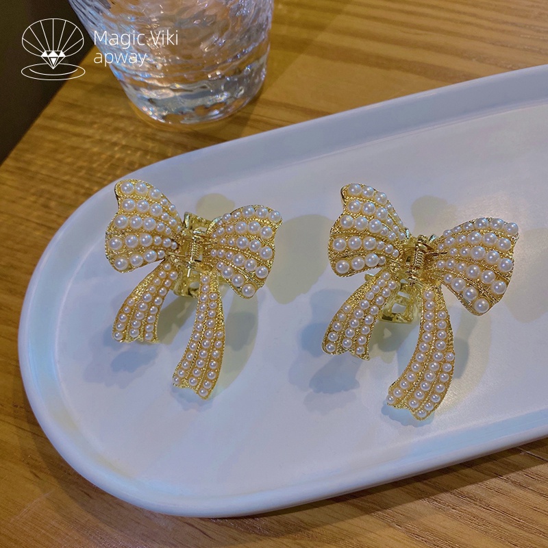 Kẹp Tóc Nơ Đính Đá Và Ngọc Trai Giả Phong Cách Vintage Mới