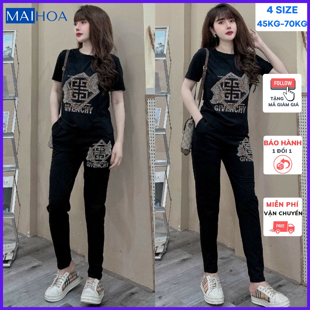 Set đồ nữ đi chơi sang chảnh MAIHOA Bộ quần áo nữ bigsize quần dài thun cotton thể thao đính đá thời trang màu đen M03