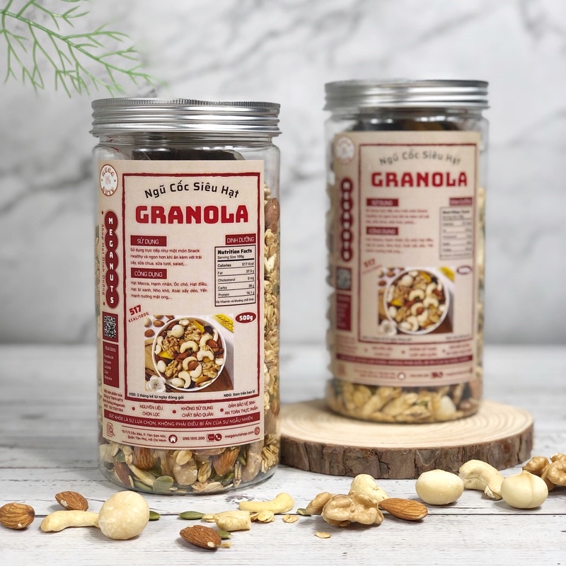 Granola Cao Cấp Siêu Hạt Meganuts nhiều hạt ít yến mạch - Granola mix full hạt ăn kiêng nướng mật ong 500gr