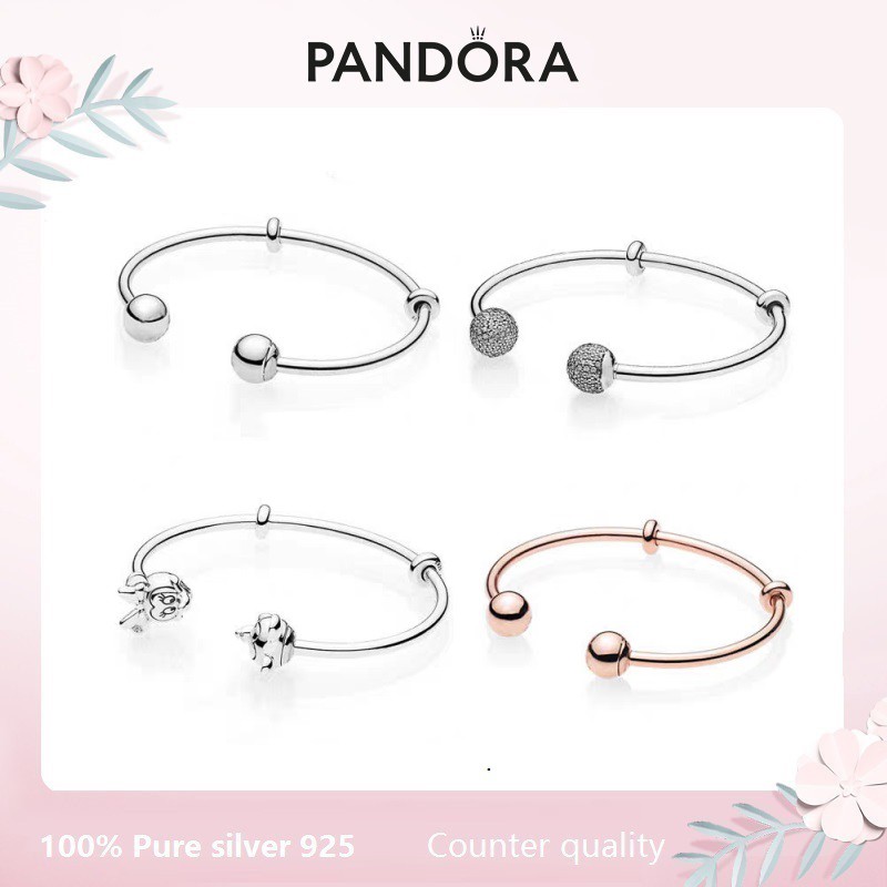 Pandora bracelet bangle S925 Sterling Silver Moments Open Bangle & Disney Moments Mickey Mouse and Minnie Mouse Open Bangle birthday present ของขวัญ DIY gift