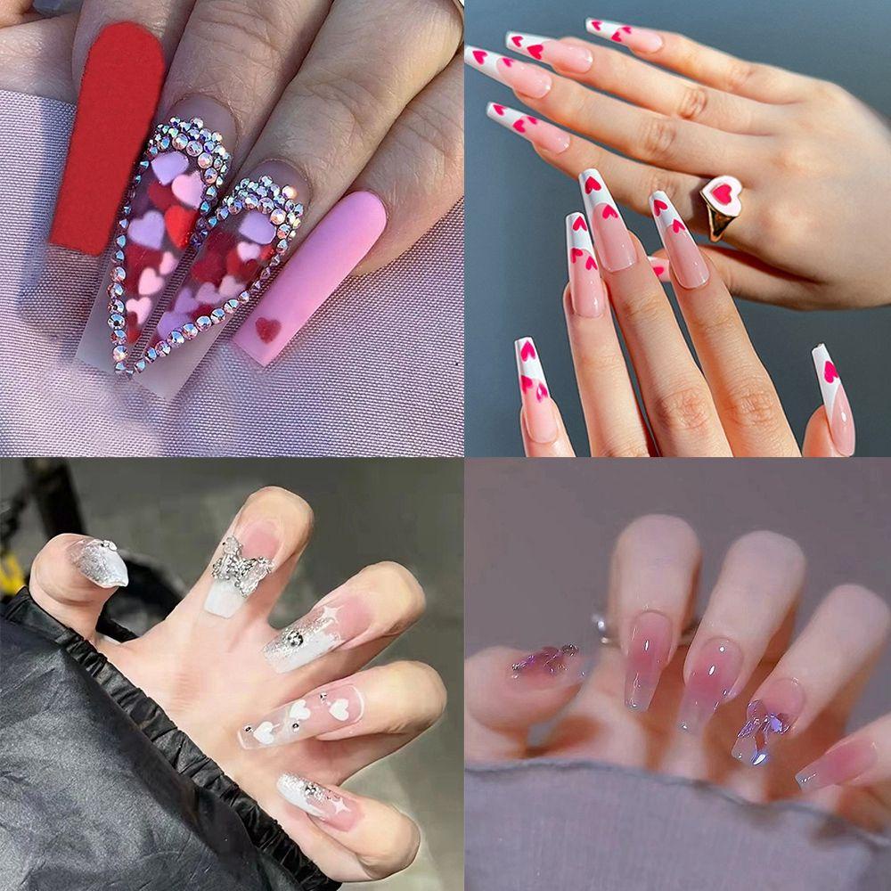 OKDEALS 24pcs/Box Press On Nails Red Heart Coffin False Nails Detachable Nail Tips Wearable Artificial Manicure Tool French Ballerina Full Cover Fake Nails