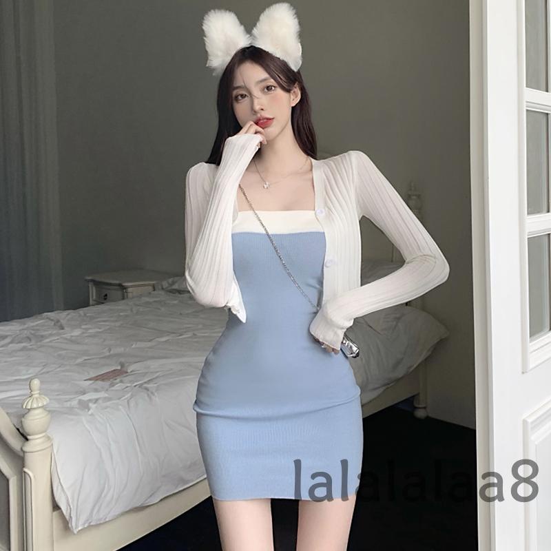 LAA8-Women´s Fashion Strapless Contrast Color Slim Fit Knitted Tube Dress