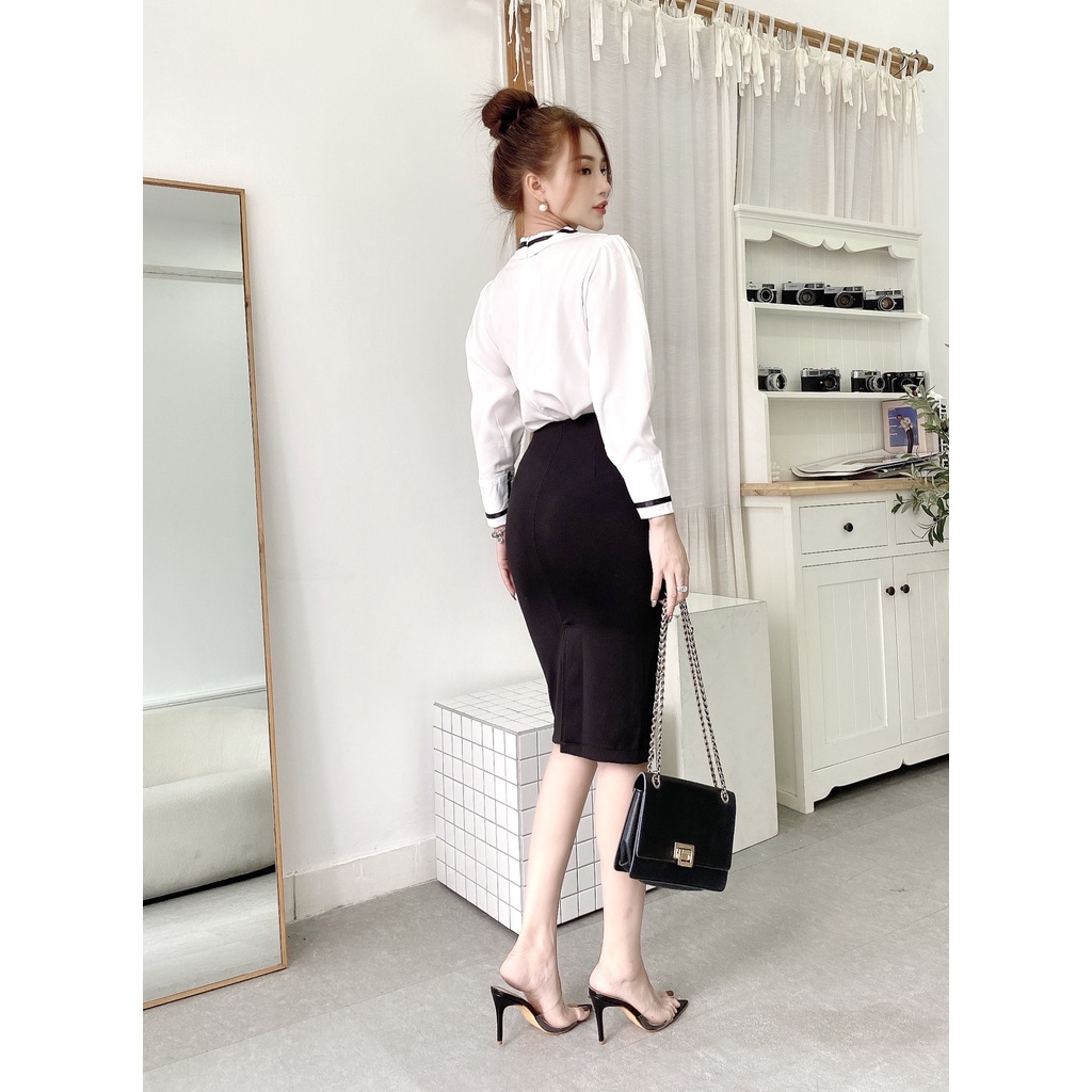 Chân váy bút chì nữ CRAZYTEEN chất liệu cotton co giãn tốt V0022