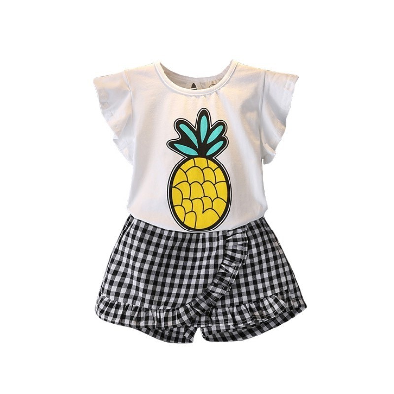 Áo nhún bèo hình quả dứa và quần kiểu họa tiết caro cho bé