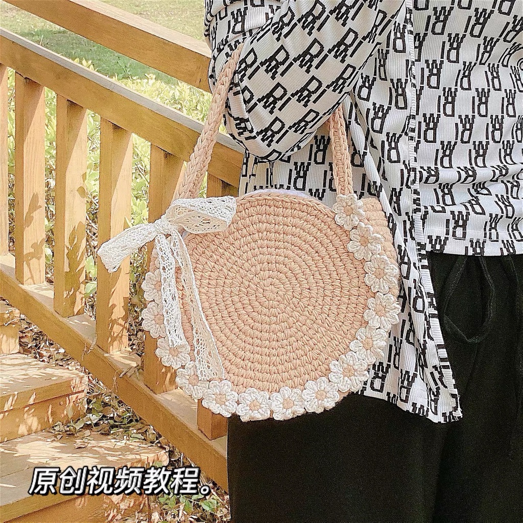 Túi tròn sợi simply cotton, túi len handmade viền hoa nhí vintage CHILLMEOW