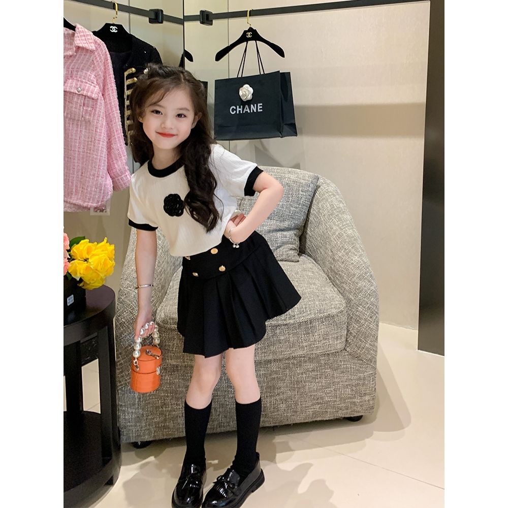 Bộ Áo Thun + Chân Váy Xếp Ly Phong Cách Preppy Thời Trang Mùa Hè 2022 Mới Cho Bé Gái