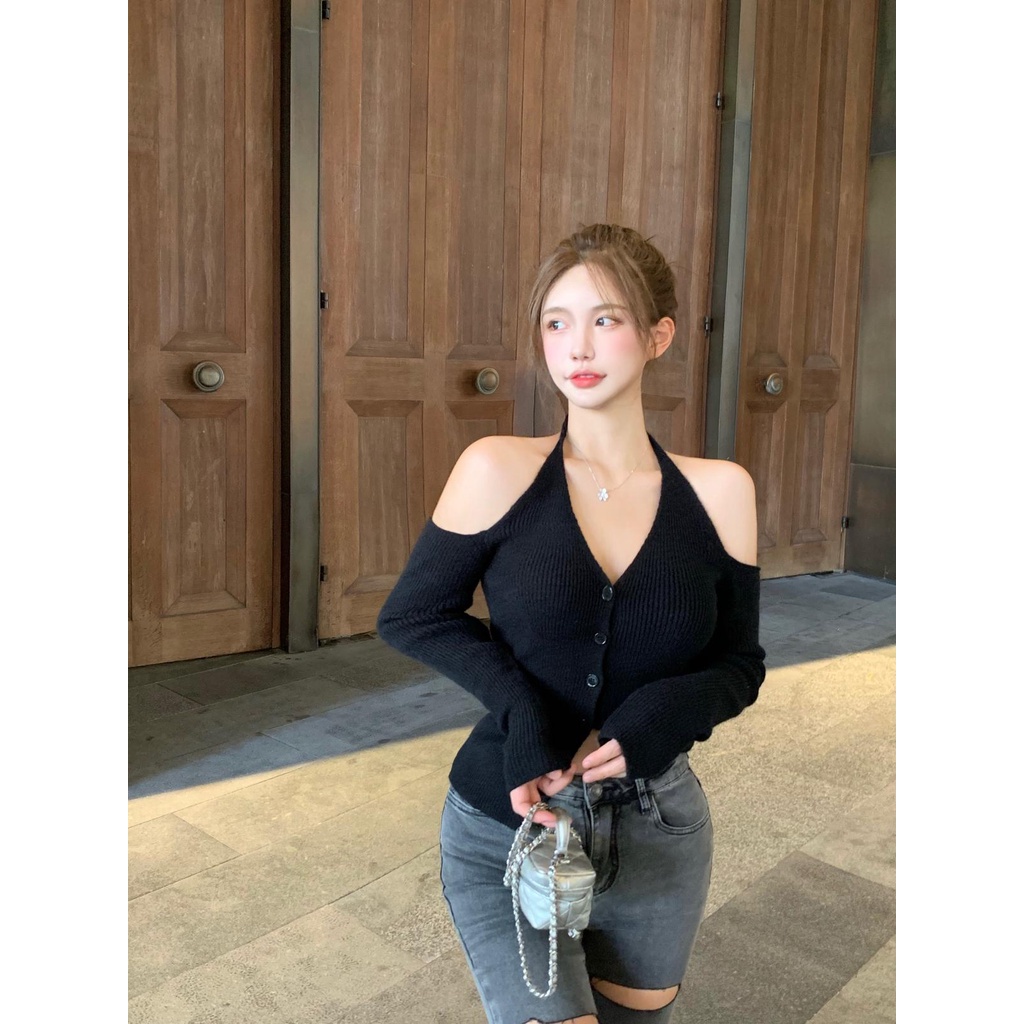 QADCOL Áo thun tay dài cổ chữ V khoét vai thời trang cho nữ