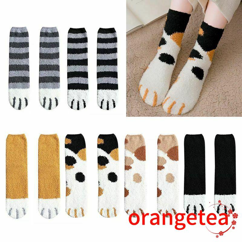 Tất ống lông cừu san hô họa tiết móng chân mèo sọc dày dặn giữ ấm mùa đông cho gia đình