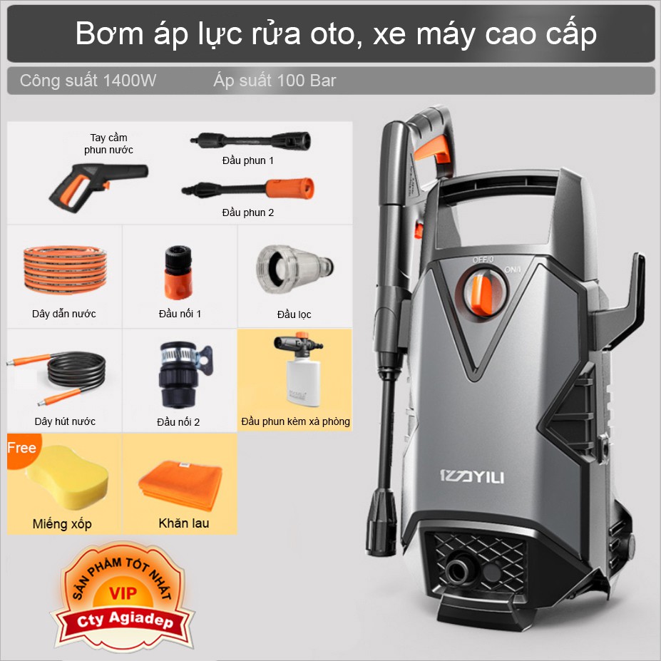 Bơm áp lực rửa oto xe máy siêu xịn + Tặng nhiều phụ kiện và dây nối dài 1400W 100Bar (Màu Đen)