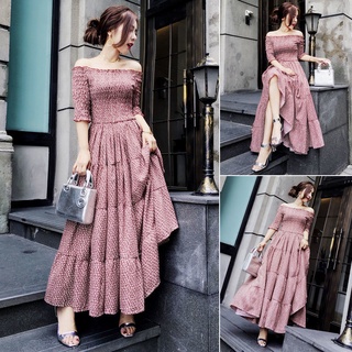 Đầm maxi chất chiffon hoạ tiết hoa thiết kế trễ vai nữ tính