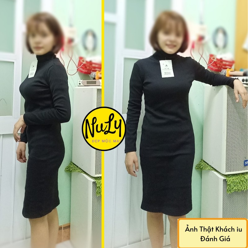 Váy Dài Tay Cổ Lọ Nữ, Đầm Body Form Ôm Lên Dáng Đẹp Màu Đen NULY, VBCL