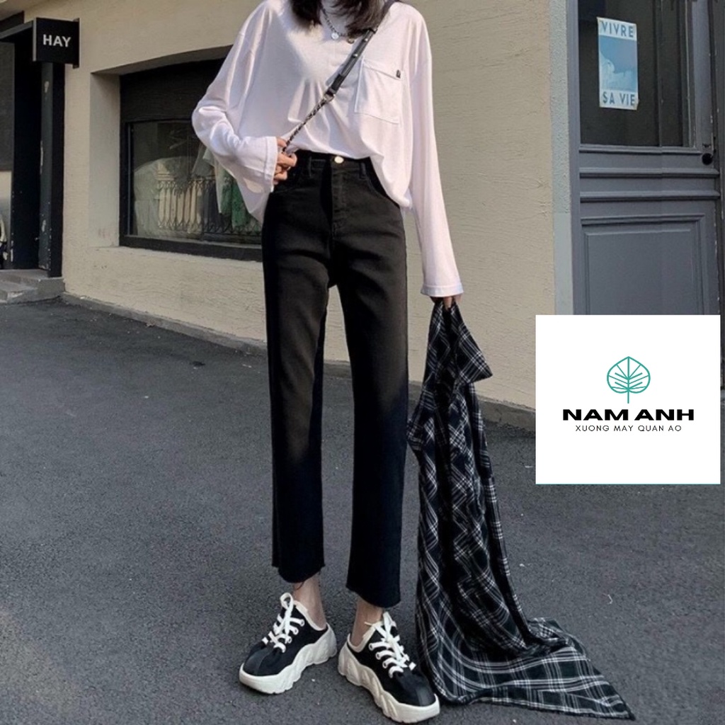Quần Jean Bò Ống Đứng, Quần Jean Nữ Ống Suông Cạp Cao Co Giãn Phong Cách Ulzzang