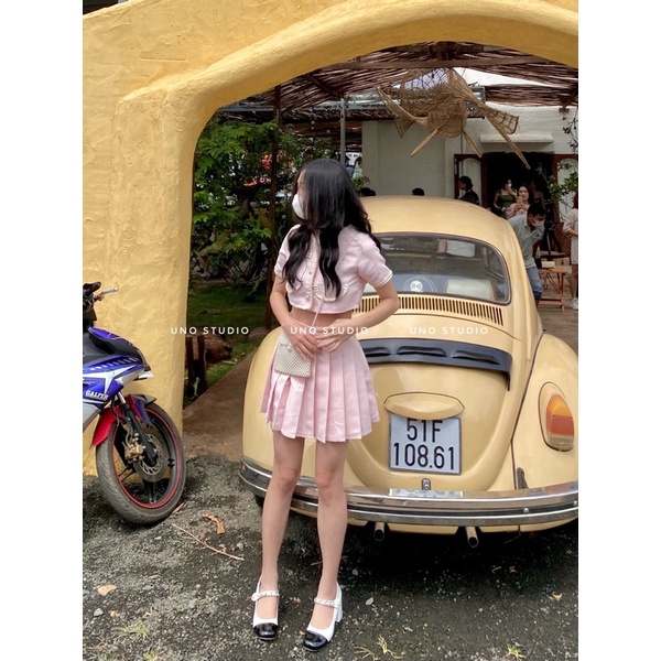 Set váy bố mềm hồng pastel áo croptop và chân váy xếp ly