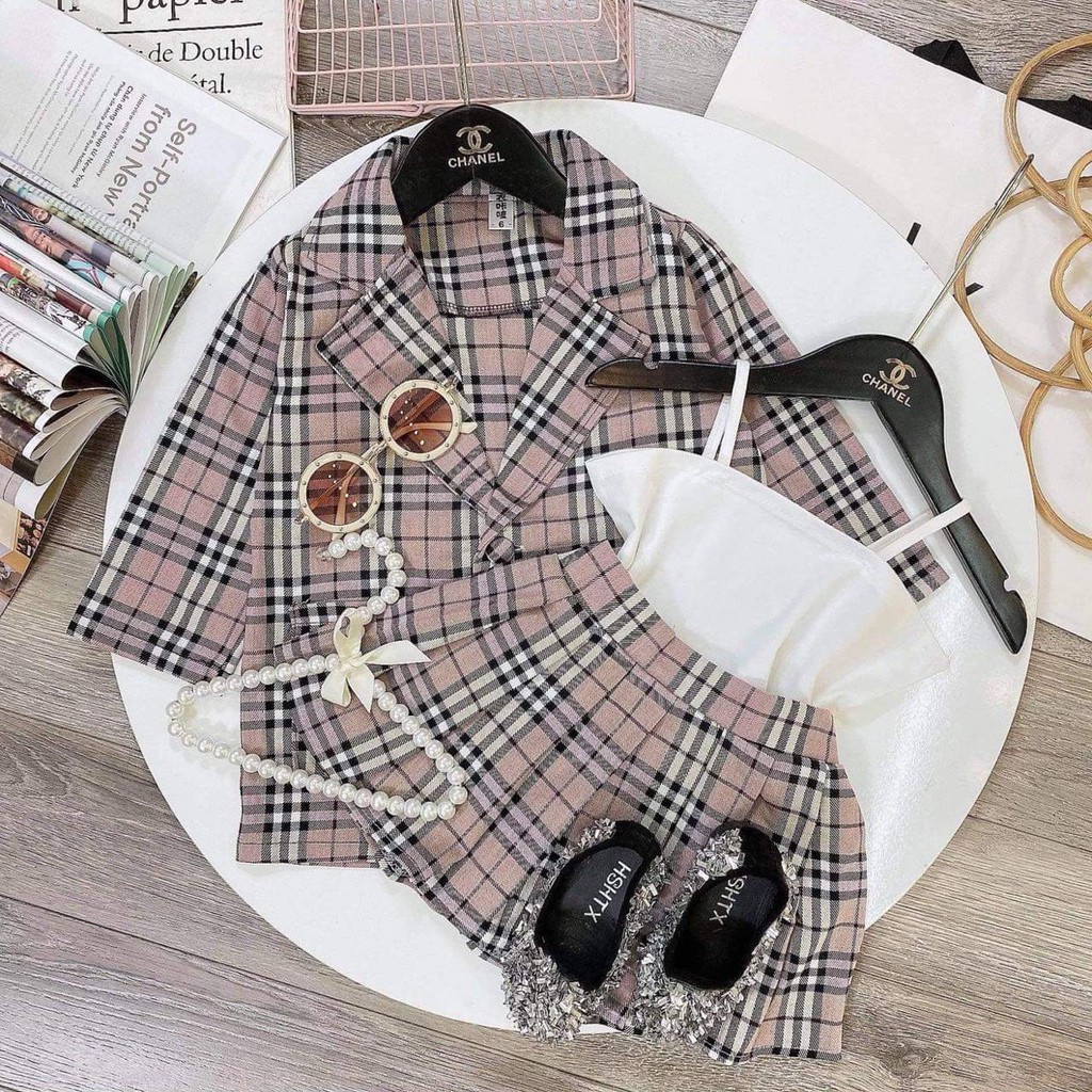 [Mã FARSBR242 giảm 15% đơn 99K] Bộ Vest Bé Gái Kẻ Kết Hợp 3 Chi Tiết [VEST1] - Babi mama