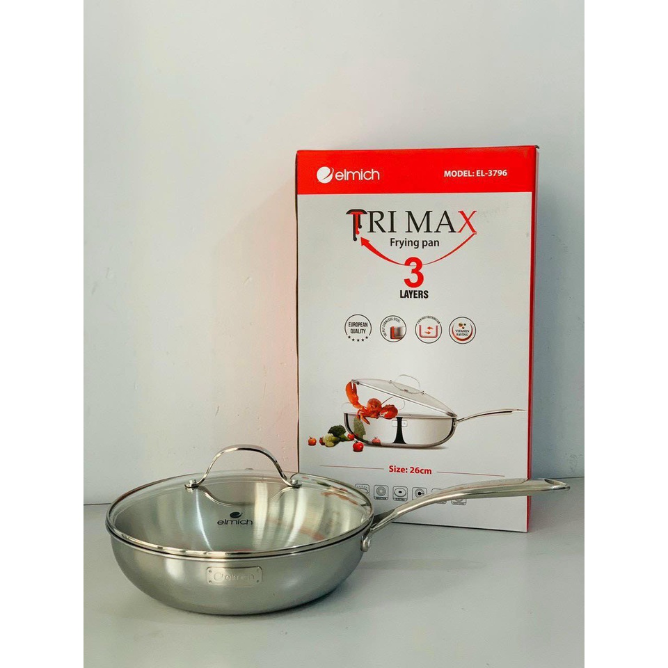 CHẢO XÀO INOX CAO CẤP 3 LỚP ĐÁY LIỀN ELMICH TRIMAX 3796 𝗦𝗜𝗭𝗘 𝟮𝟲 - 1 TAY CẦM