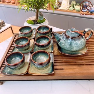 Bộ ấm trà đạo rùa thiên mục, bộ ấm chén men hỏa biến gốm sứ bát tràng ttg02