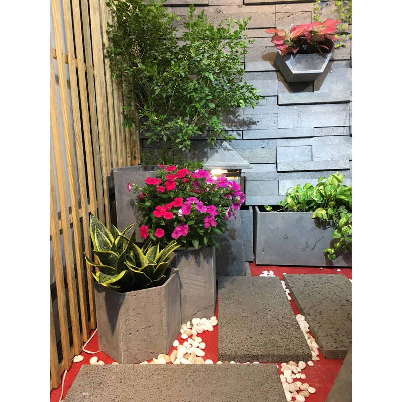 Set 3 Chậu trồng cây ban công bằng đá ong xám tự nhiên kiến bò đẹp hình lục giác độc đáo KT C30x30x30
