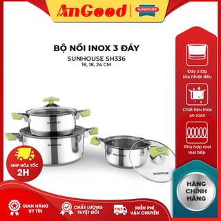 ✅ bộ nồi inox 3 đáy sunhouse đáy từ sh336 16, 18, 24 cm ⚡