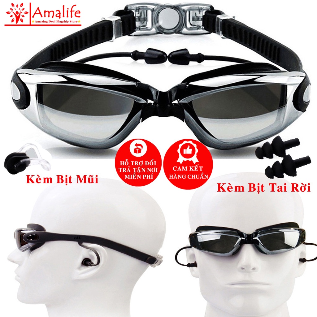 Kính Bơi Tráng Bạc Chống Tia UV Cao Cấp Có Bịt Tai Gắn Liền - Chọn Màu – Chống Nước Tặng Kèm Bịt Mũi, Kèm Bịt Tai Rời