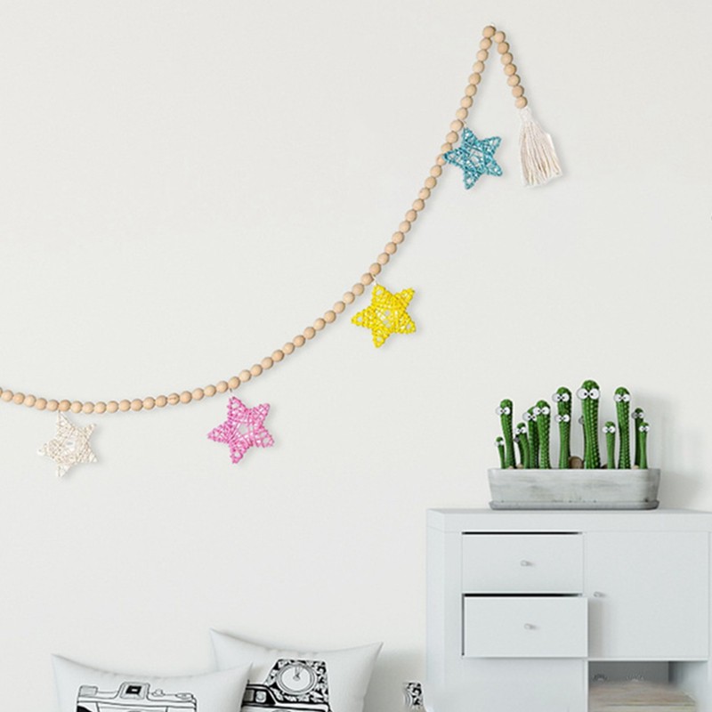 Handmade Woven Wood Bead Garland with Rattan Stars Wall Decoration