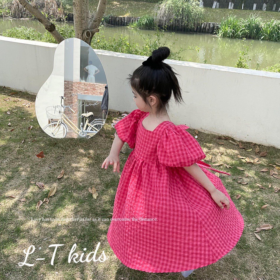 VÁY MAXI CARO PHỐI NƠ LƯNG ĐI BIỂN, TAY PHỒNG CỰC XINH CHO BÉ GÁI