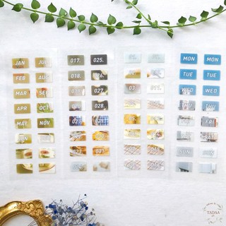 Set 4 sticker vintage ngày tháng hoa tulip đỏ, phong cảnh bầu trời vàng và biển xanh trang trí sổ