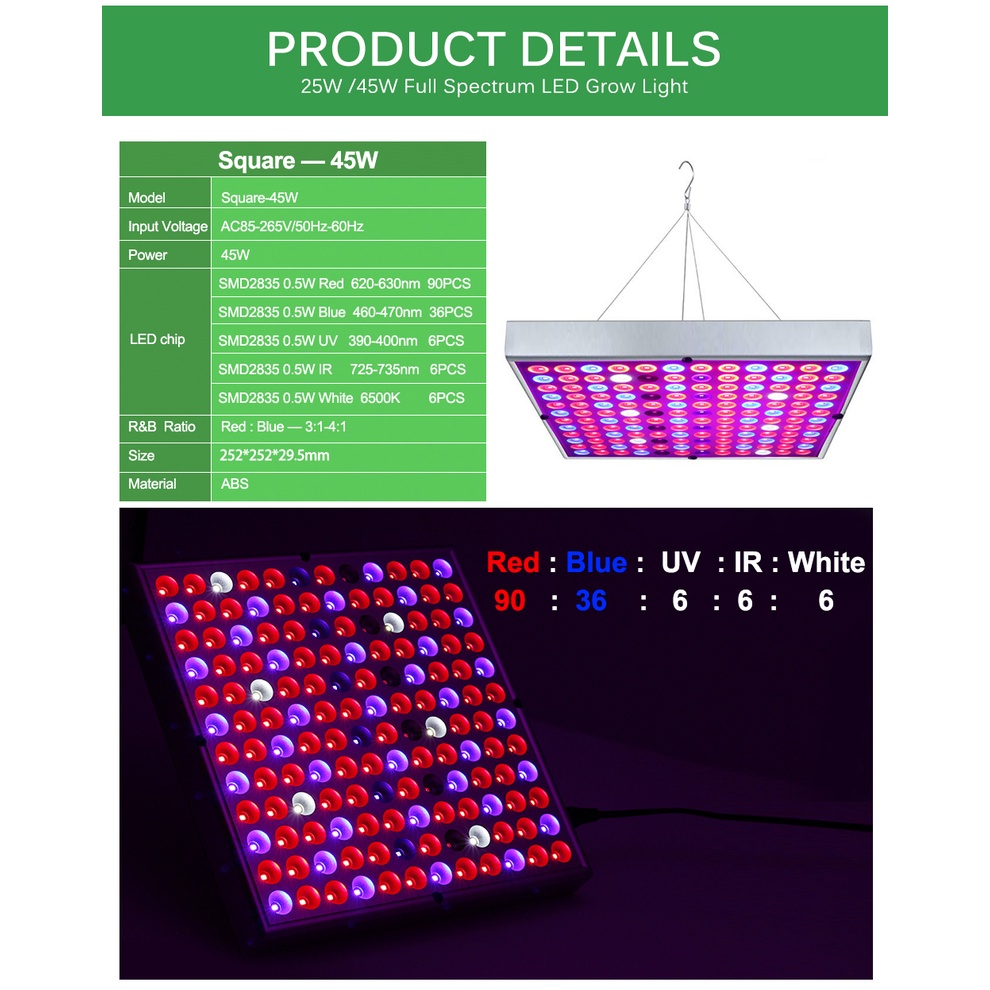 Đèn LED kích thích tăng trưởng cho cây trồng 25W 45W AC86V-265V SMD 2835 UV+IR