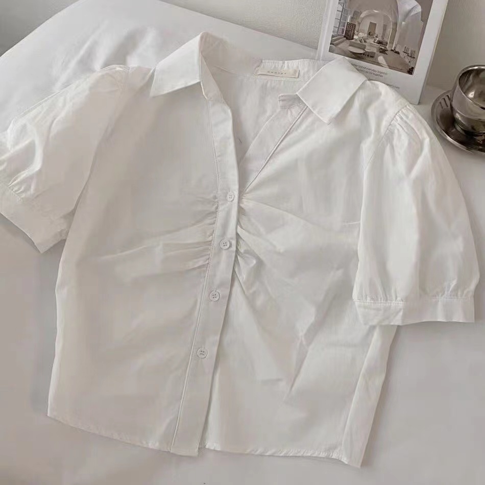 Áo sơ mi BH tay phồng ngắn xếp ly thời trang Hàn Quốc mới cho nữ