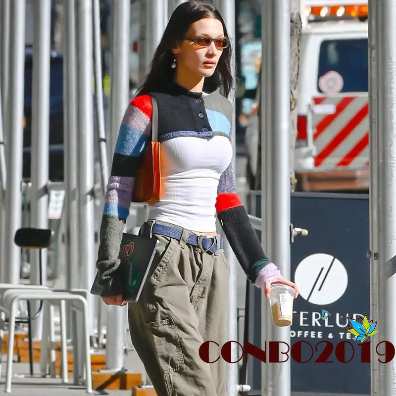 Áo Croptop Tay Dài Cổ Tròn Màu Sắc Tương Phản Thời Trang Cho Nữ