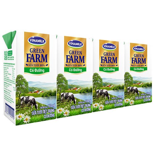 SỮA TƯƠI TIỆT TRÙNG VINAMILK GREEN FARM CÓ ĐƯỜNG - LỐC 4 HỘP 110ML