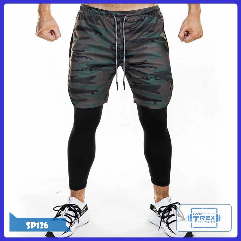 Quần đùi tập gym 2 lớp liền legging ASRV SP126, Quần thể thao nam lót legging - Gym Trex