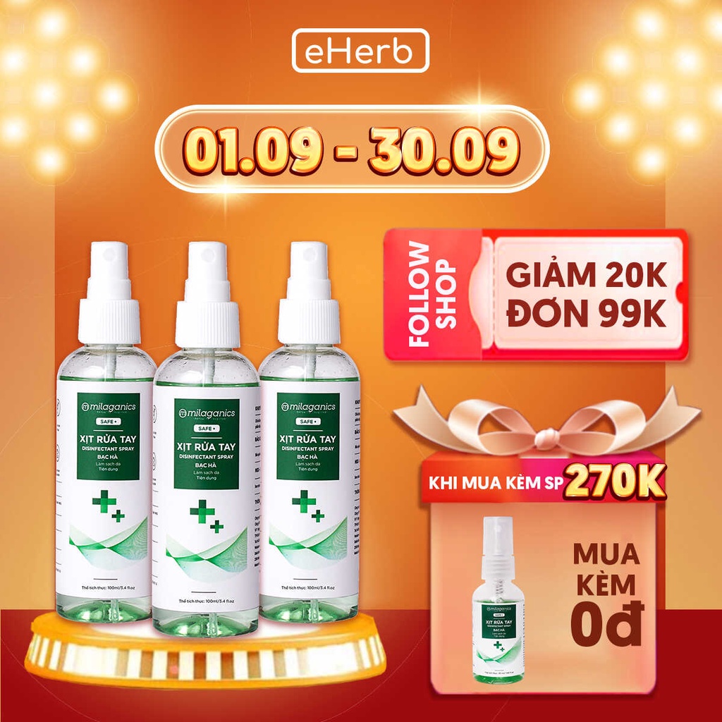 (MUA 3 TẶNG 1)Dung Dịch Rửa Tay Khô Bạc Hà, Xịt Kháng Khuẩn Làm Sạch Vượt Trội, Không Gây Khô Da MILAGANICS 100ml (Chai)