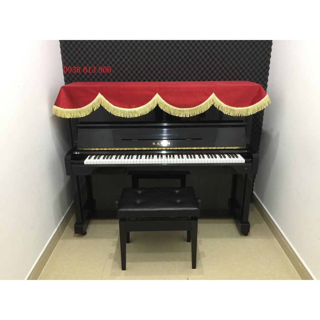 Khăn phủ đàn piano cơ vải nhung đỏ ren vàng đồng