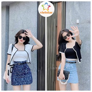 Set áo croptop tay ngắn 2 món VIETSTAR áo croptop kiểu kèm áo quây ngực chạy viền chất thun mềm mát
