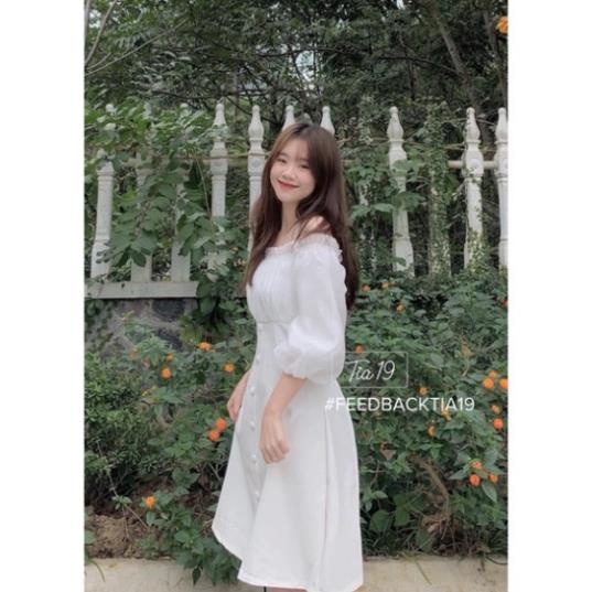 Váy trắng cúc bọc trễ vai tiểu thư dáng xoè | BigBuy360 - bigbuy360.vn